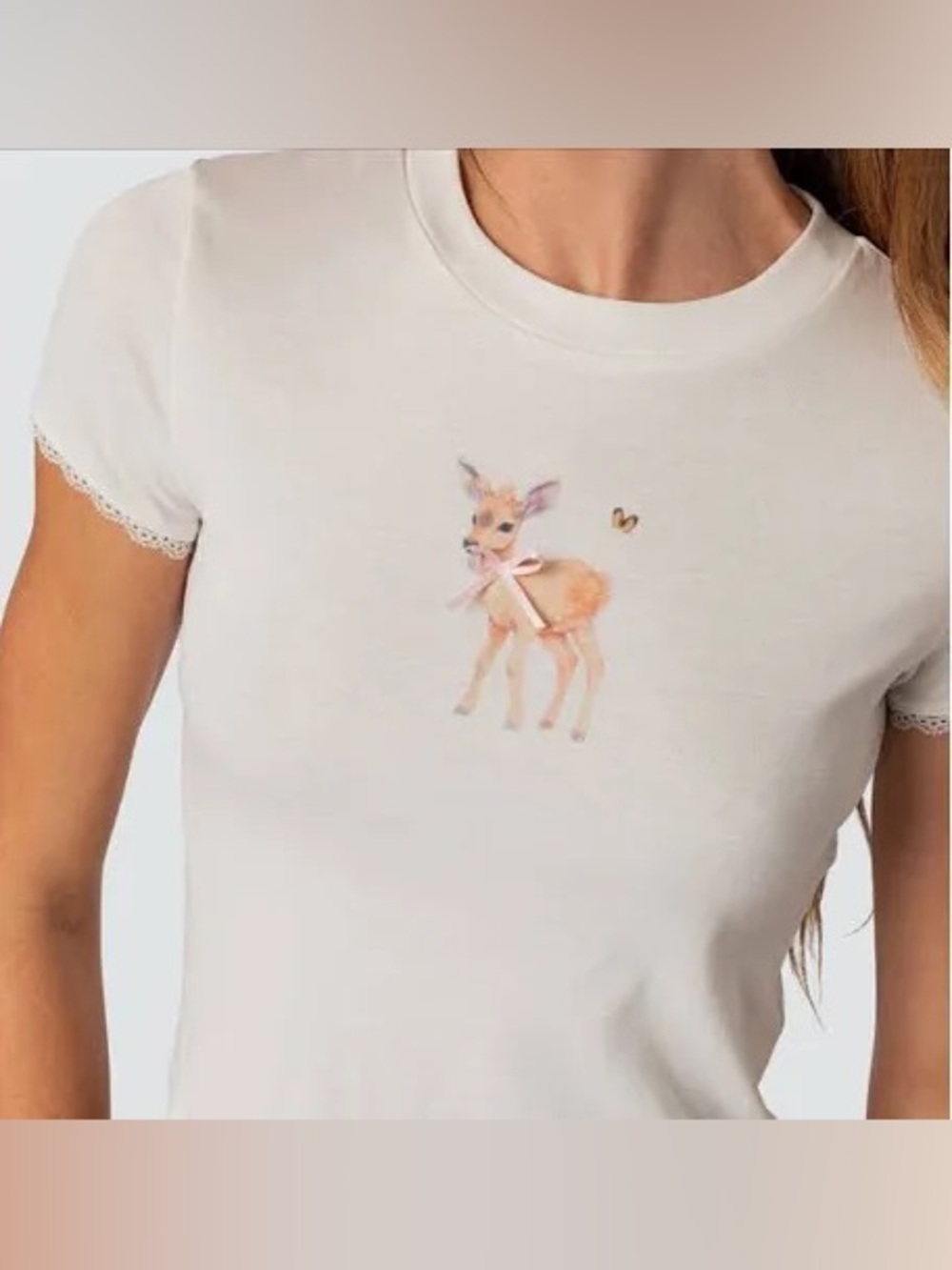 SMALL Edikted White Coquette Tee with Bambi Graphic